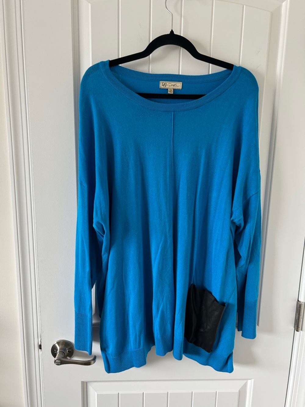 DG2 by Diane Gilman Bright Blue Scoop Neck Sweater with Black Pocket